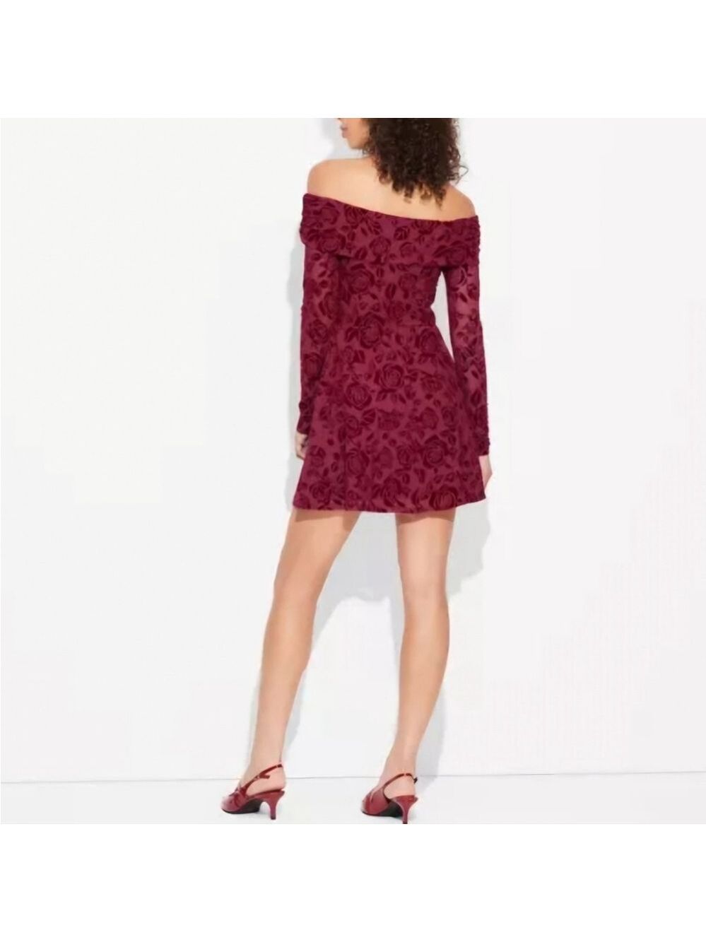 Wild Fable off shoulder Long Sleeve Flocked Mini Fit and Flare Holiday Dress - Picture 3 of 9